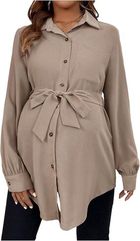 MakeMeChic Women's Maternity Blouse Long Sleeve Belted Button Up Shirt Pregnancy Tops in Saudi Arabia