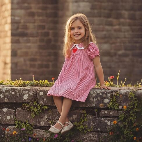 Toddler Girl Valentines Dress Cute Short Sleeve Plaid Red Heart Embroidery Doll Collar Baby Valentines Outfit in Saudi Arabia