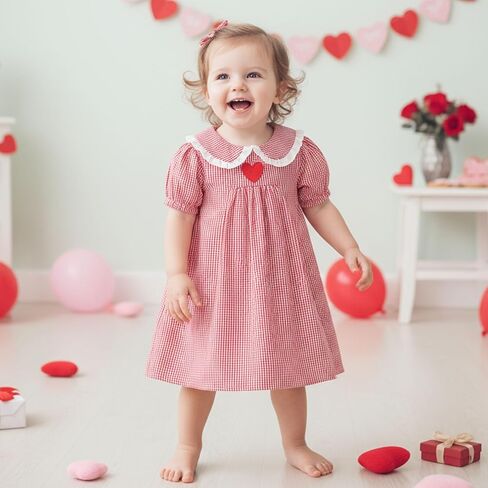 Toddler Girl Valentines Dress Cute Short Sleeve Plaid Red Heart Embroidery Doll Collar Baby Valentines Outfit in Saudi Arabia
