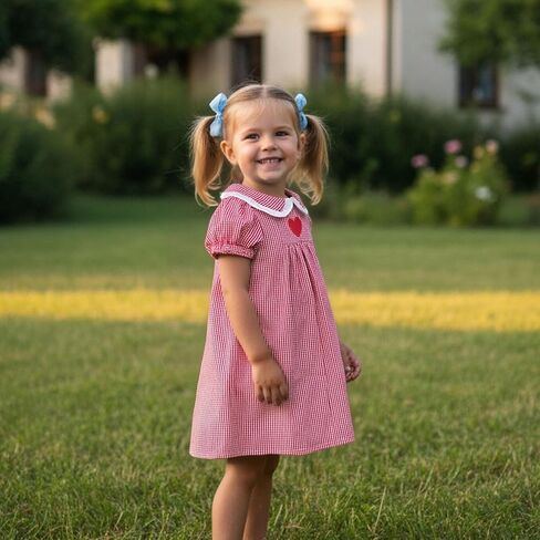 Toddler Girl Valentines Dress Cute Short Sleeve Plaid Red Heart Embroidery Doll Collar Baby Valentines Outfit in Saudi Arabia