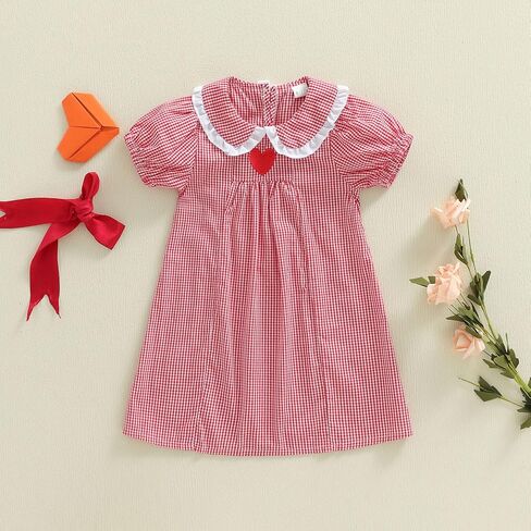 Toddler Girl Valentines Dress Cute Short Sleeve Plaid Red Heart Embroidery Doll Collar Baby Valentines Outfit in Saudi Arabia