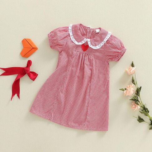 Toddler Girl Valentines Dress Cute Short Sleeve Plaid Red Heart Embroidery Doll Collar Baby Valentines Outfit in Saudi Arabia