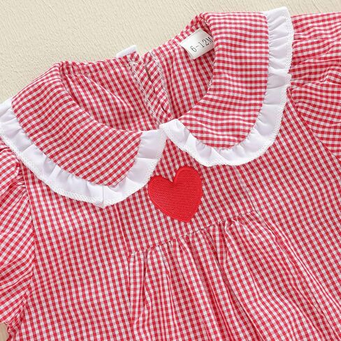 Toddler Girl Valentines Dress Cute Short Sleeve Plaid Red Heart Embroidery Doll Collar Baby Valentines Outfit in Saudi Arabia