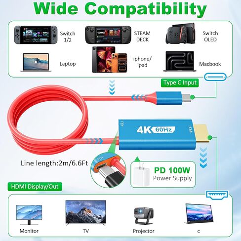 Switch 2 HDMI Adapter Dock Station, 4K@60Hz 18 Gbps USB C to HDMI 2.0 Adapter for TV, 6.6ft 100W PD Play While Charging, Portable Travel TV Adapter for Nintendo Switch Dock for 1 and 2/Steam Deck/OLED in Saudi Arabia