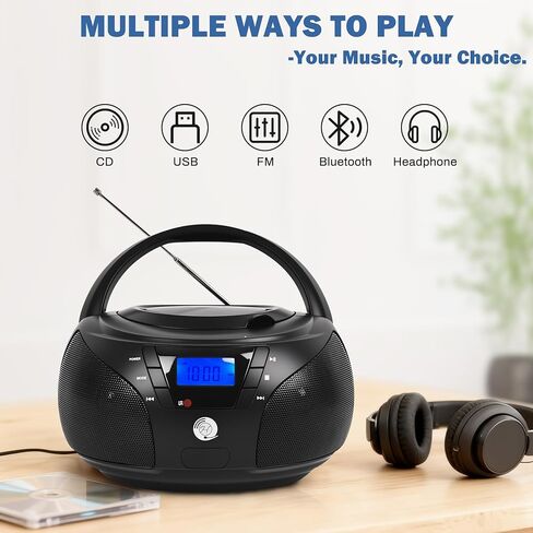 Portable CD Player Boombox with Bluetooth, FM Radio, USB Playback, Stereo Sound, Remote Control, Home Stereo Music System for Seniors and Family Gatherings (Black) in Saudi Arabia