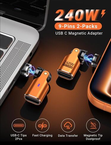 USB C Magnetic Adapter PD 240W(2Pack), 9PIN USB C 90 Degree Adapter/C Right Angle Adapters/360 &180 Degree C to C Adapters for 1Phone 17/16/15, Ma-Book Pro/1Pad Series, Samsung Galaxy, Google, Tablet in Saudi Arabia