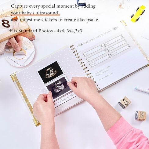 Book Keepsake, Baby Memory Book From Pre-Birth to 5th Year, with 2 Photo Pockets, Milestone Stickers, Hand/Footprint Inkpad, Information Card, Baby Album and Memory Book for Girls or Boys in Saudi Arabia