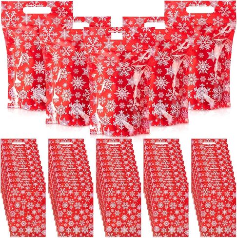 Gersoniel 100 Pcs Christmas Treat Gift Bags Resealable Santa Plastic Sealer Bags with Handles for Xmas Holiday Party Favor Candy Small Gift Wrapping Supplies Decoration in Saudi Arabia