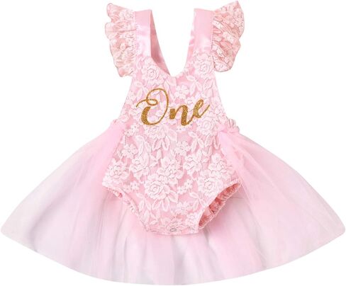 Baby Girl First Birthday Outfit Ruffle Lace Romper Princess Tutu Dress Shiny ONE Cake Smash Photoshoot Party Outfit in Saudi Arabia