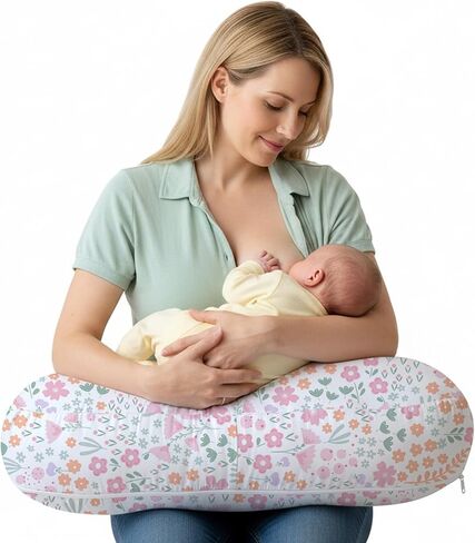Little Grape Land Nursing Pillow for Breastfeeding, Ergonomic Feeding Pillow with Removable Cover, Baby Feeding Pillow with Hidden Zipper Guard and Supportive Breathable Filling, Floral, Upgraded in Saudi Arabia