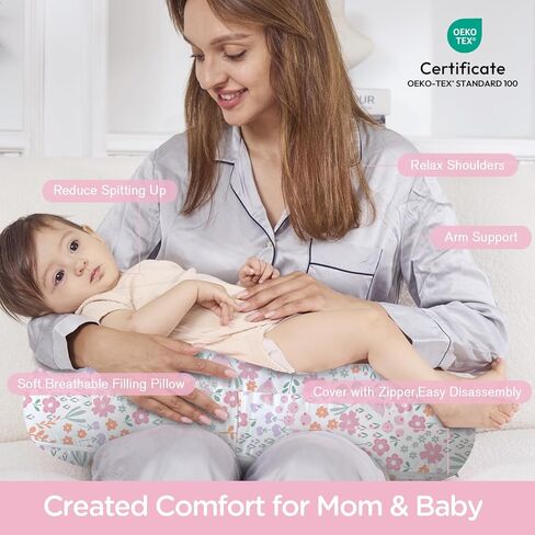 Little Grape Land Nursing Pillow for Breastfeeding, Ergonomic Feeding Pillow with Removable Cover, Baby Feeding Pillow with Hidden Zipper Guard and Supportive Breathable Filling, Floral, Upgraded in Saudi Arabia