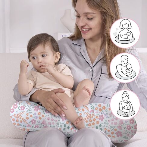 Little Grape Land Nursing Pillow for Breastfeeding, Ergonomic Feeding Pillow with Removable Cover, Baby Feeding Pillow with Hidden Zipper Guard and Supportive Breathable Filling, Floral, Upgraded in Saudi Arabia
