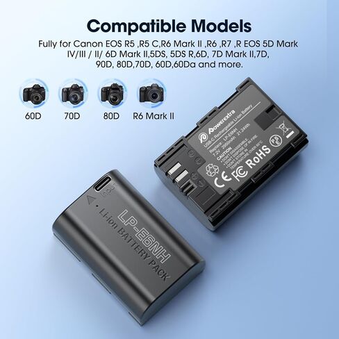 2950mAh LP-E6NH Battery 2-Pack Compatible with Canon EOS R7 R6 R5 60D 70D 80D 90D 5D 5Ds 6D 7D Mark II III IV Camer, Type-C Direct Charging Port Battery in Saudi Arabia