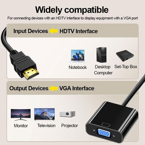 HDMI إلى VGA مع صوت، محول HDMI إلى VGA نشط مطلي بالذهب مع كابل طاقة Micro USB، التوصيل والتشغيل للكمبيوتر/سطح المكتب/الكمبيوتر المحمول/الكمبيوتر الشخصي/جهاز العرض/التلفزيون عالي الدقة، أسود in Saudi Arabia