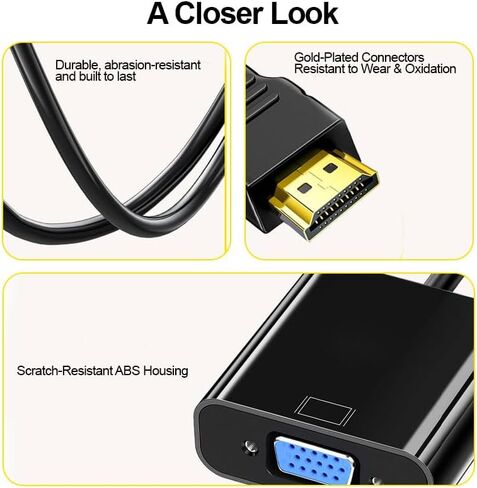 HDMI إلى VGA مع صوت، محول HDMI إلى VGA نشط مطلي بالذهب مع كابل طاقة Micro USB، التوصيل والتشغيل للكمبيوتر/سطح المكتب/الكمبيوتر المحمول/الكمبيوتر الشخصي/جهاز العرض/التلفزيون عالي الدقة، أسود in Saudi Arabia