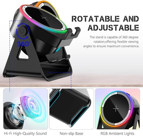 مكبر صوت لاسلكي، حامل هاتف 5 في 1 بلوتوث 5.3 مع دوران 360 درجة وإضاءة محيطة RGB - هدايا أدوات تقنية رائعة للرجال والنساء والأب - متوافق مع iPhone/Android/iPad/Samsung (أسود) in Saudi Arabia
