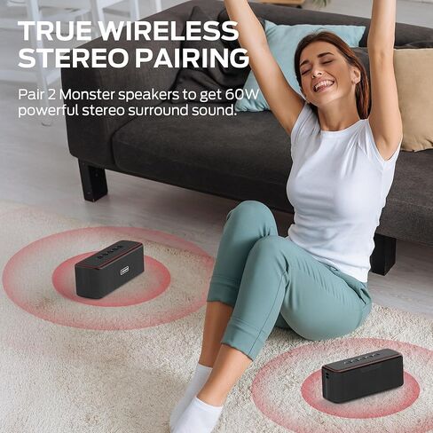 Monster Shock Plus Bluetooth Speaker, Portable Speaker with 30W Loud Stereo Sound, Bluetooth 6.0, TWS Pairing, 15H Playtime, Support AUX/TF Card, IPX6 Waterproof Wireless Speakers for Outdoor, Home in Saudi Arabia
