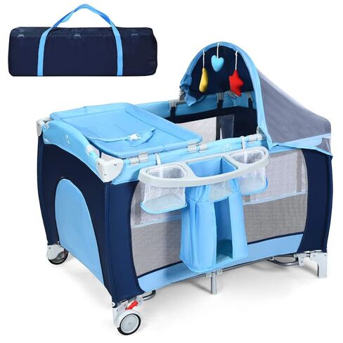 HONEY JOY Pack and Play with Bassinet, 4-in-1 Portable Baby Playard w/Changing Table, Net & Cute Toys, Diaper Storage Bag, Music Box, Wheels with Brake, Foldable Newborn Play Yard w/Carry Bag(Pink) in Saudi Arabia