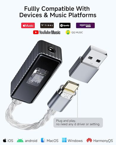 مضخم سماعة رأس USB C DAC، دونجل محول صوت محمول 3.5 مم، عالي الدقة 32 بت/768 كيلو هرتز PCM/DSD256 يدعم الهواتف الذكية التي تعمل بنظام Android وأجهزة الكمبيوتر المحمولة وأجهزة الكمبيوتر الشخصية ومشغلات الموسيقى وأجهزة USB-C الأخرى in Kuwait
