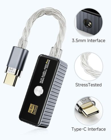 مضخم سماعة رأس USB C DAC، دونجل محول صوت محمول 3.5 مم، عالي الدقة 32 بت/768 كيلو هرتز PCM/DSD256 يدعم الهواتف الذكية التي تعمل بنظام Android وأجهزة الكمبيوتر المحمولة وأجهزة الكمبيوتر الشخصية ومشغلات الموسيقى وأجهزة USB-C الأخرى in Kuwait