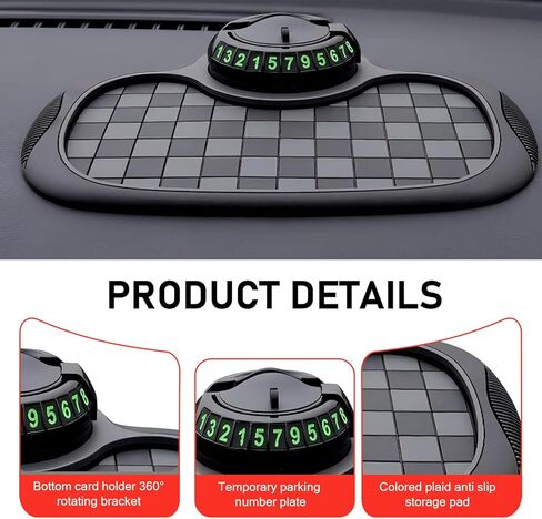Car Dashboard Mat, 9.2" x 7" Anti-Slip Pad with Parking Number Sign and Rotatable Phone Holder, Large Storage Tray for Phone Sunglass Key, Universal Multifunction Organizer for Car (Black) in Saudi Arabia
