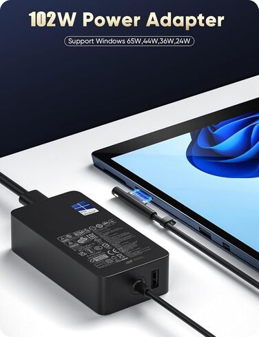 شاحن سطحي، 102 وات 15 فولت 6.33 أمبير، شاحن Microsoft Surface لجهاز Surface Book 1/2/3، وSurface Laptop Studio، وSurface Pro 4/5/6/7/7+/8/9/10/11/12، وSurface Laptop 1/2/3/4/5/6/7، وSurface LaptopGo، وSurface Go in Kuwait
