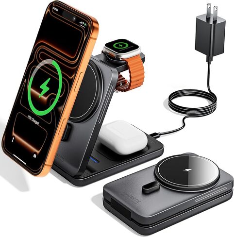 KPON Foldable 3in1 Charging Station for Magsafe, Travel Phone and Watch Charger for Apple, Wireless Charging Dock for Multiple Devices iPhone 17 16 15 14 13 12 Series/Apple Watch/Airpods in Saudi Arabia