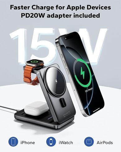 KPON Foldable 3in1 Charging Station for Magsafe, Travel Phone and Watch Charger for Apple, Wireless Charging Dock for Multiple Devices iPhone 17 16 15 14 13 12 Series/Apple Watch/Airpods in Saudi Arabia