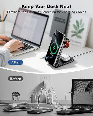 KPON Foldable 3in1 Charging Station for Magsafe, Travel Phone and Watch Charger for Apple, Wireless Charging Dock for Multiple Devices iPhone 17 16 15 14 13 12 Series/Apple Watch/Airpods in Saudi Arabia