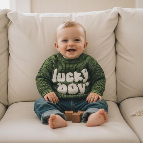 Toddler Baby Boy St Patricks Day Clothes Lucky Boy Embroidery Sweater Warm Crewneck Long Sleeve Knit Pullover Tops in Kuwait