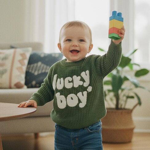 Toddler Baby Boy St Patricks Day Clothes Lucky Boy Embroidery Sweater Warm Crewneck Long Sleeve Knit Pullover Tops in Kuwait