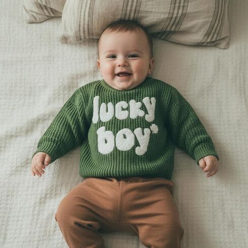 Toddler Baby Boy St Patricks Day Clothes Lucky Boy Embroidery Sweater Warm Crewneck Long Sleeve Knit Pullover Tops in Kuwait