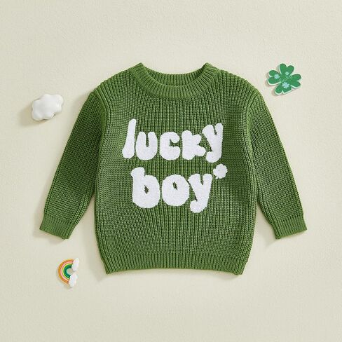 Toddler Baby Boy St Patricks Day Clothes Lucky Boy Embroidery Sweater Warm Crewneck Long Sleeve Knit Pullover Tops in Kuwait