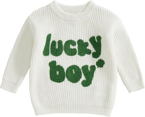 Toddler Baby Boy St Patricks Day Clothes Lucky Boy Embroidery Sweater Warm Crewneck Long Sleeve Knit Pullover Tops in Kuwait