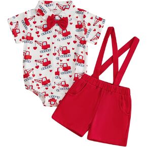 Baby Boy Valentines Day Outfit Cute Heart Short Sleeve Bowtie Romper and Suspender Shorts Infant Spring Clothes in Saudi Arabia