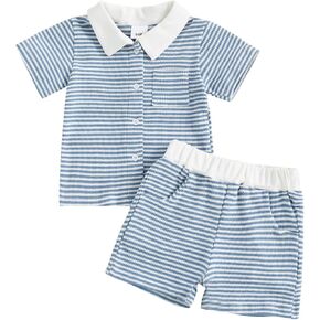 fhutpw Baby Toddler Boy Clothes Striped Button Down Shirt Tops + Elastic Waist Shorts Infant Boys Summer Outfits 2PCS Sets in Kuwait
