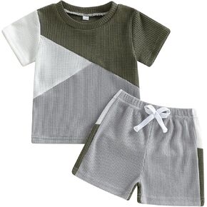 FOCUSNORM Toddler Baby Boy Summer Clothes Waffle Contrast Short Sleeve T-shirt Tops with Elastic Waist Shorts Sets Outfits in Kuwait