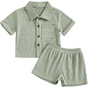 fhutpw Baby Boy Clothes Toddler Infant Leisure Ribbed Button Down Shirt Tops + Shorts Set 2PCS Summer Soft and Smooth Outfit in Kuwait