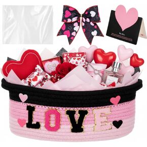 Colingmill Valentine Day Small Woven Basket, Empty Gift Basket with Gift Bag Bow and Greeting Card,Tissue Paper and Love Alphabet Patch Baby Baskets for Nursery, 12 x 8 x 5(Red,Black) in Kuwait