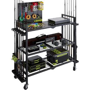 Fishing Rod Holders for Garage, Fishing Rod Stand with Wheels and Pegboard, 3-Tier Pole Storage Rack with 8 Hooks and 12 Rod Slots, Ideal for Tackle, Backpacks, and Gear in Saudi Arabia
