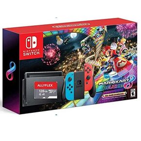 أحدث نينتندو سويتش مع Joy-Con باللون الأزرق النيون والأحمر النيون + لعبة ماريو كارت 8 الفاخرة، شاشة LCD تعمل باللمس 6.2 بوصة، 802.11AC WiFi، بلوتوث 4.1 - أحمر وأزرق + AllyFlex 128GB Micro SD (متجدد) in Kuwait