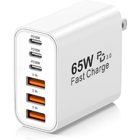 كتلة شاحن USB C، كتلة شحن USBC بقدرة 65 وات، شاحن حائط iPhone شحن سريع، قابس طاقة متعدد المنافذ من النوع C PD+QC لجميع هواتف iPhone 17 16 15 iPad Samsung S23 S24 iWatch Pixel Series (أبيض) in Kuwait