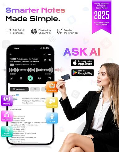 AI Voice Recorder, 64GB Note Taking Device w/Magnetic Case, App Control, AI Technology Transcribe & Summarize Free, 121 Languages, 45H Battery, Audio Recorder for Lectures Meetings Calls in Saudi Arabia