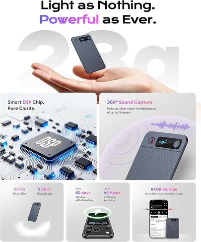 AI Voice Recorder, 64GB Note Taking Device w/Magnetic Case, App Control, AI Technology Transcribe & Summarize Free, 121 Languages, 45H Battery, Audio Recorder for Lectures Meetings Calls in Saudi Arabia