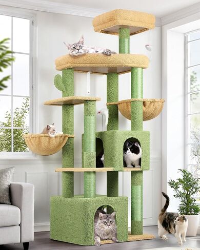 Globlazer Sturdy Cat Tree, 68-inch Large Cat Tower for Indoor Adult Cats 20 lbs Heavy Duty Cat Tree for Big Cats with Extra Large Platform, 5 Scratching Post, S68, Beige in Kuwait