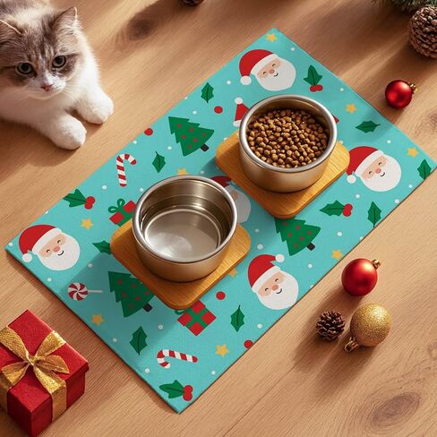 Cute Christmas Themed Pet Food Mat Green Santa Print Dog Feeding Mat Non Slip Mats for Cat Food and Water Bowls 20" x 12" Dog Bowl Mats Pets Placemat Easy Clean Christmas Pet Supplies in Saudi Arabia