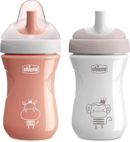 Chicco Sport Spout Trainer with Semi-Firm, Bite-Resistant Spout and Spill-Free Lid 9oz. | Top-Rack Dishwasher Safe | Easy to Hold with Ergonomic Indents | Sage/Grey, 2pk | 9+ months in Saudi Arabia