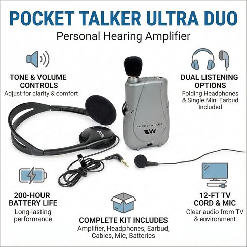 Pocket Talker Ultra Duo — Personal Hearing Amplifier with Folding Headphone & Single Mini Earbud, Mic & 12‑ft TV Cord, 200‑Hr Battery, Tone & Volume Controls in Saudi Arabia