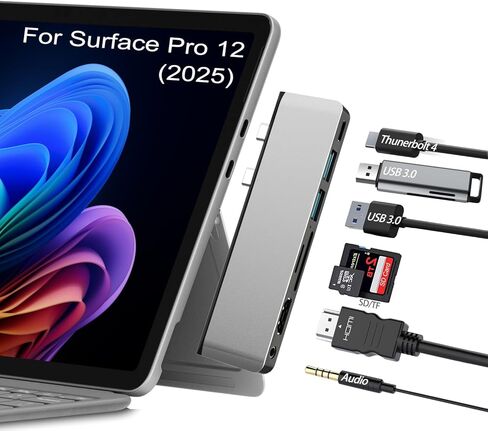 محول محور USB Surface Pro 12، محطة إرساء مع HDMI 4K، USB-C Thunderbolt 4 (شاشة + بيانات + 100 واط PD)، 2 USB 3.0، صوت 3.5 مم، فتحة بطاقة SD/TF، ​​ملحقات لجهاز Surface Pro 12 بوصة 2025 in Kuwait