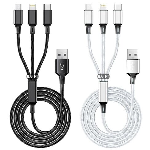 كابل شحن USB متعدد 3A، موصل سلك شاحن سريع 3 في 1 مع محول منفذ USB مزدوج للهاتف/النوع C/Micro، متوافق مع الأجهزة اللوحية iPhone 14 13 12 Pro 8 7 Samsung Galaxy (4FT/2Pack Charging فقط) in Kuwait